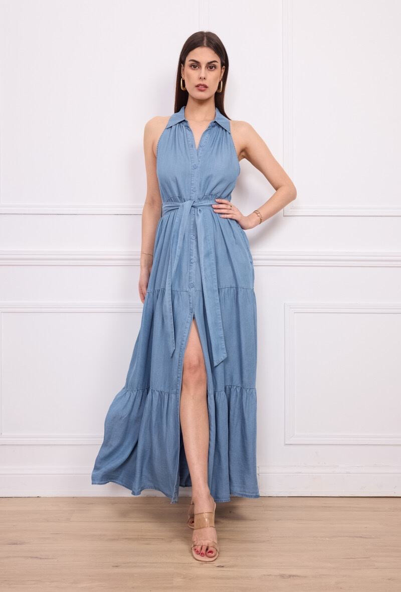 Grossista Orice - Abito chemisier lungo in tencel azzurro