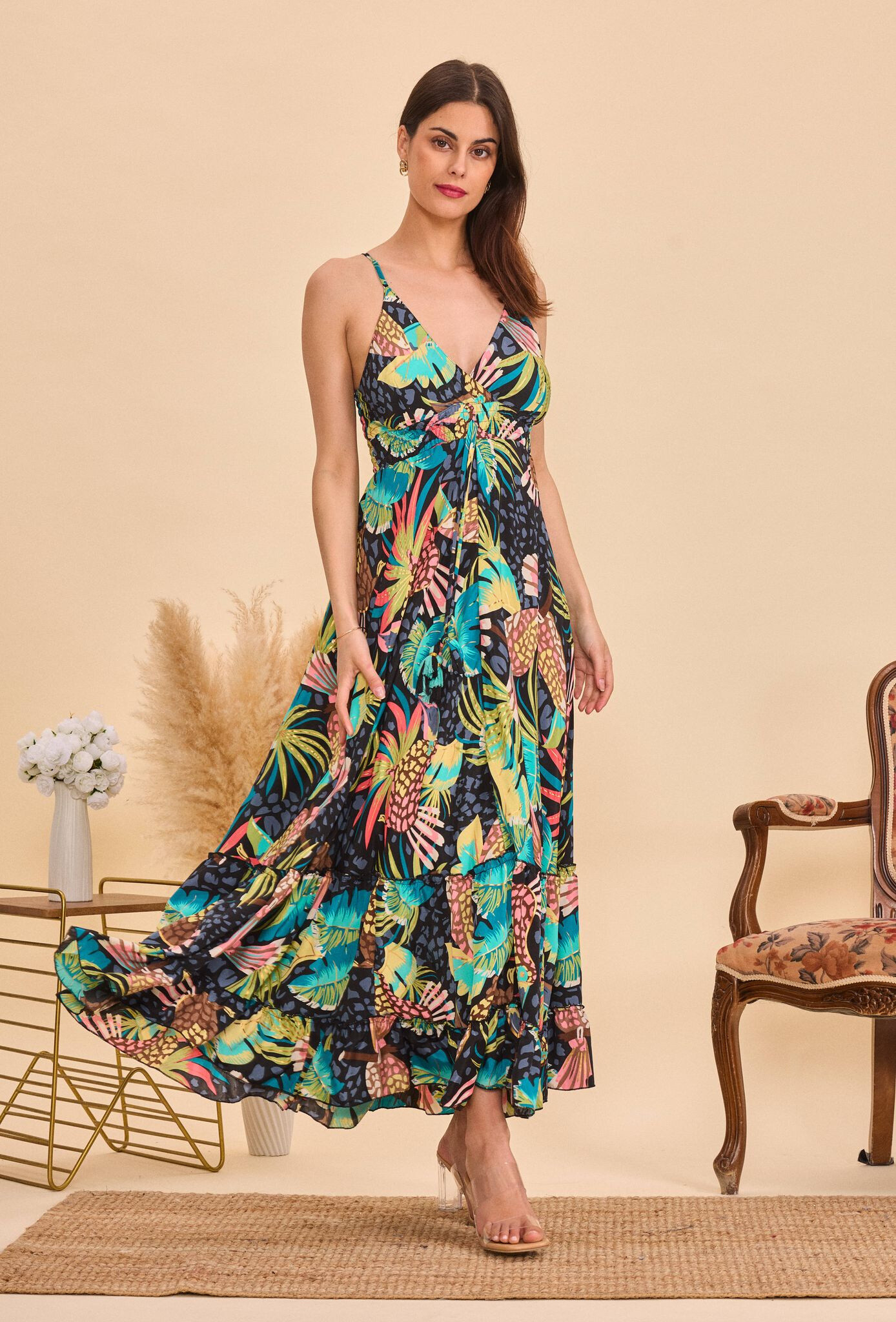 Grossiste Orice - Robe longue en soie smock imprimé indien