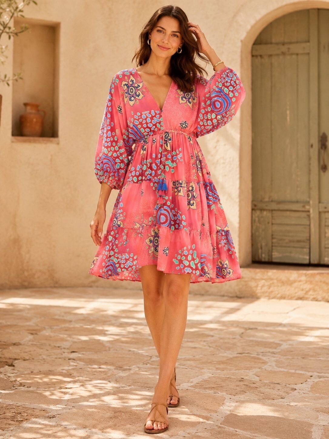 Grossista Orice - Abito corto trapezio bohemien fluido con stampa floreale