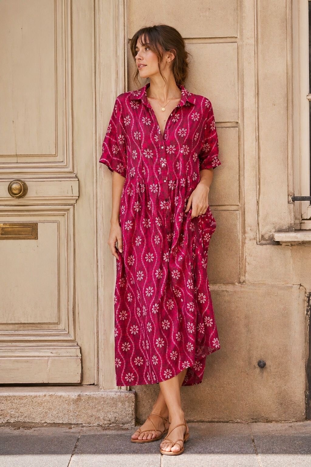 Grossiste Orice - Robe chemise longue en coton léger à imprimé bohème chic
