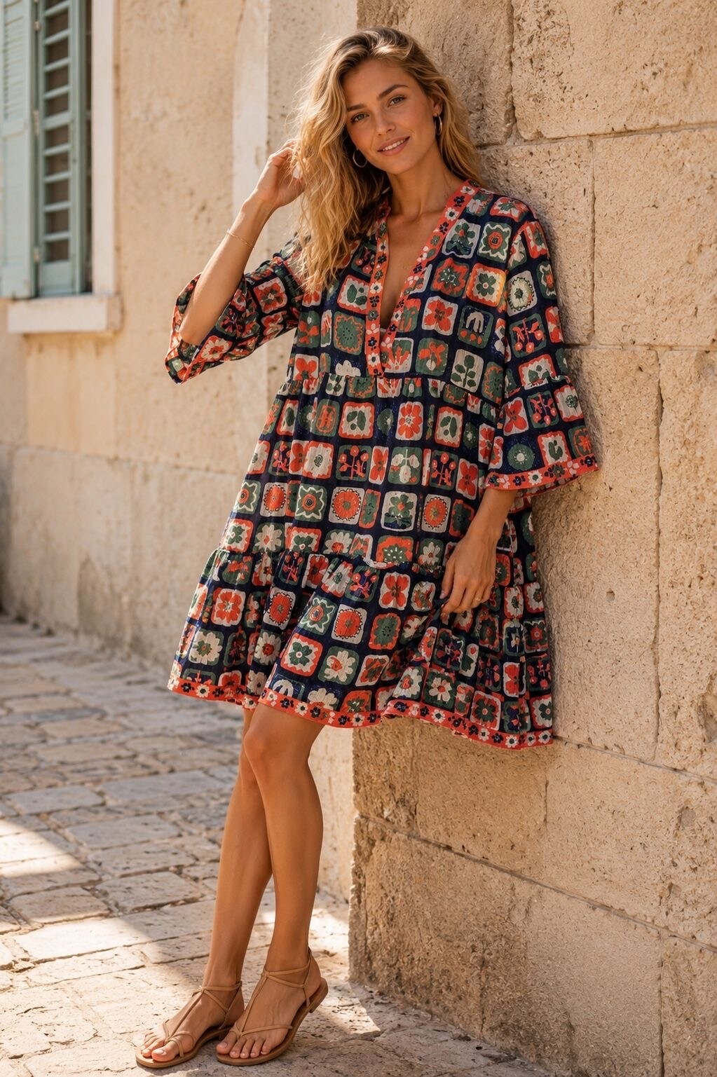 Mayorista Orice - Vestido corto de algodón con escote en V