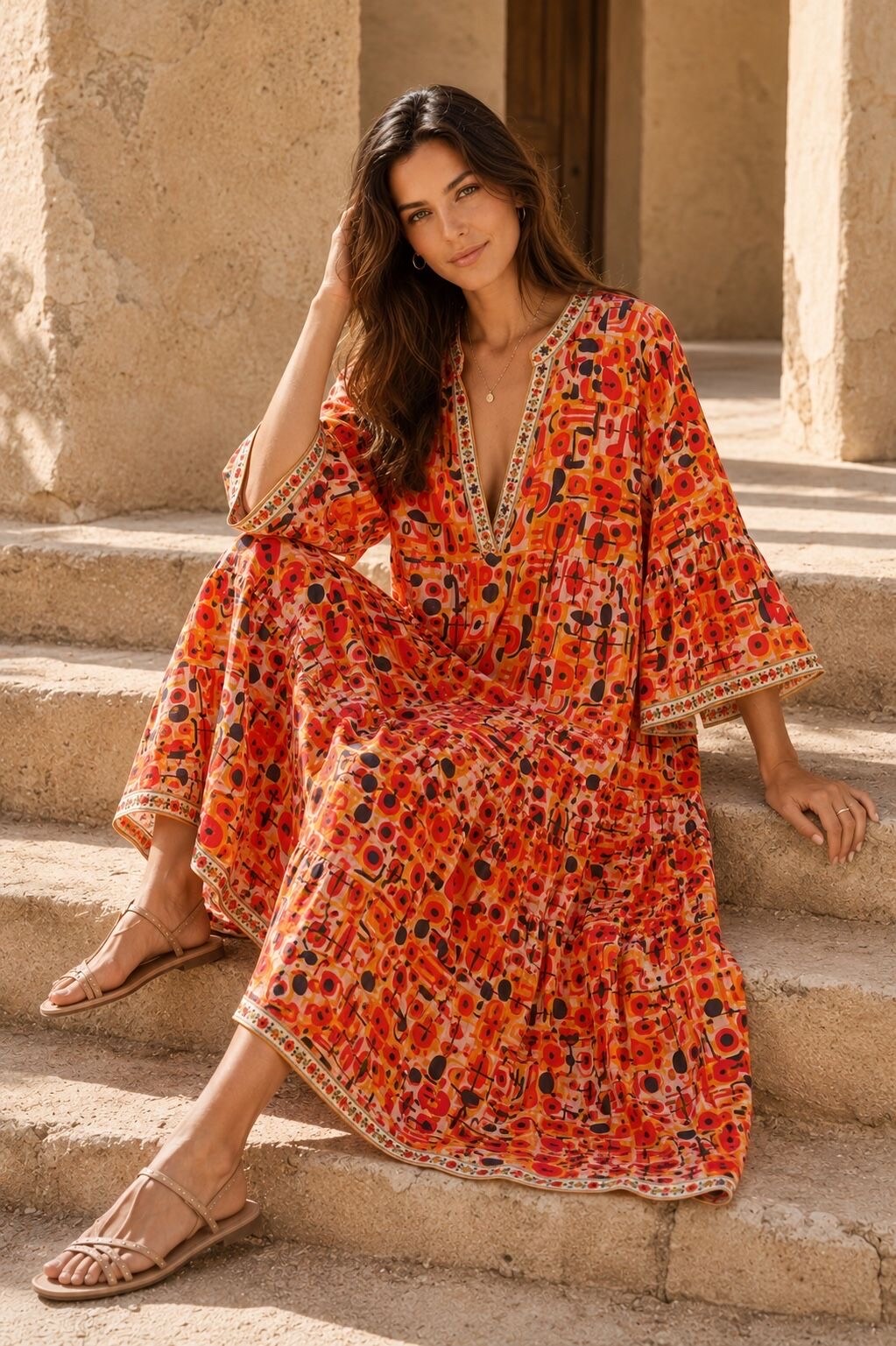 Grossiste Orice - Robe longue bohème à imprimé abstrait en coton