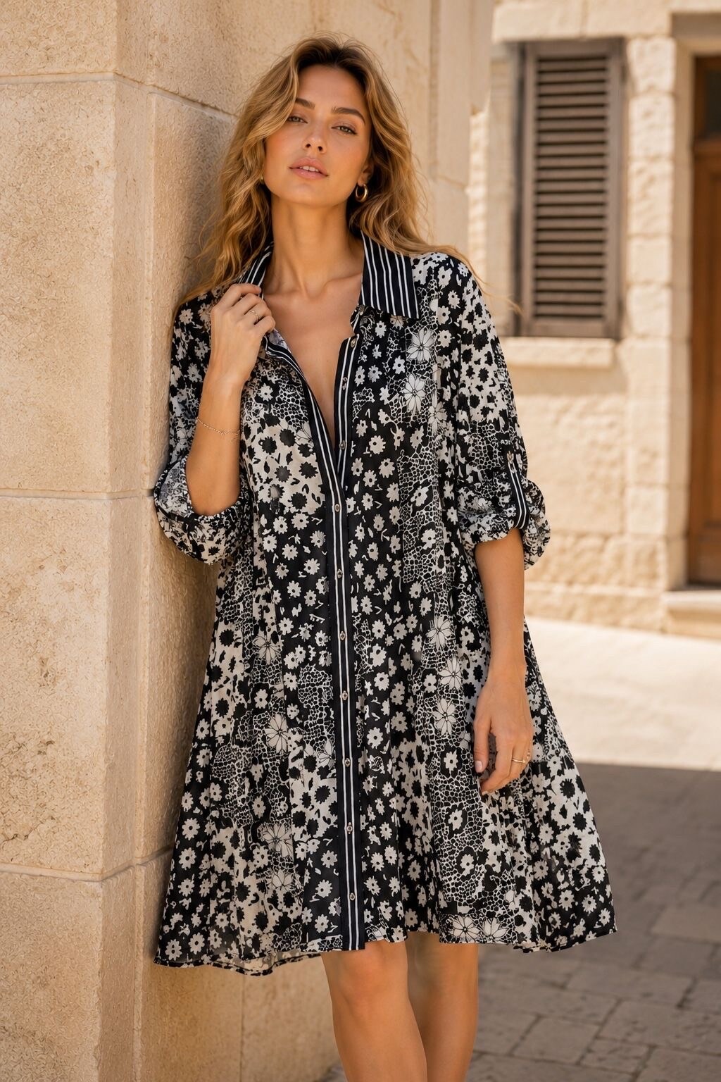 Grossiste Orice - Robe courte en coton imprimé bohème manches 3/4