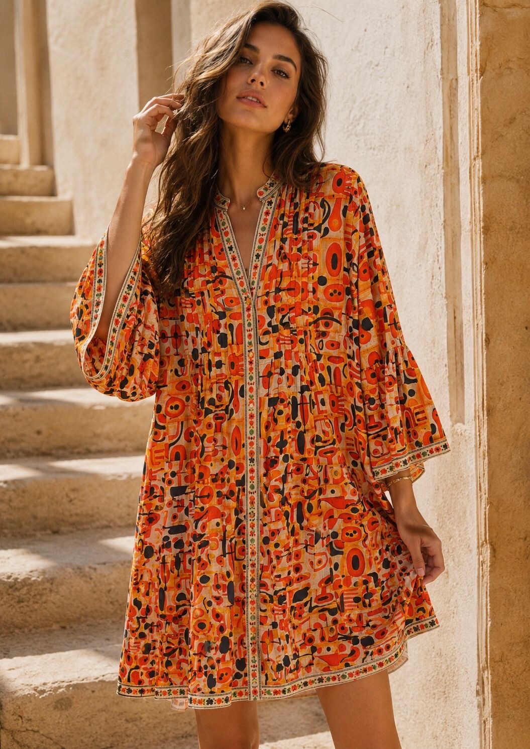 Grossiste Orice - Robe courte bohème trapèze en coton