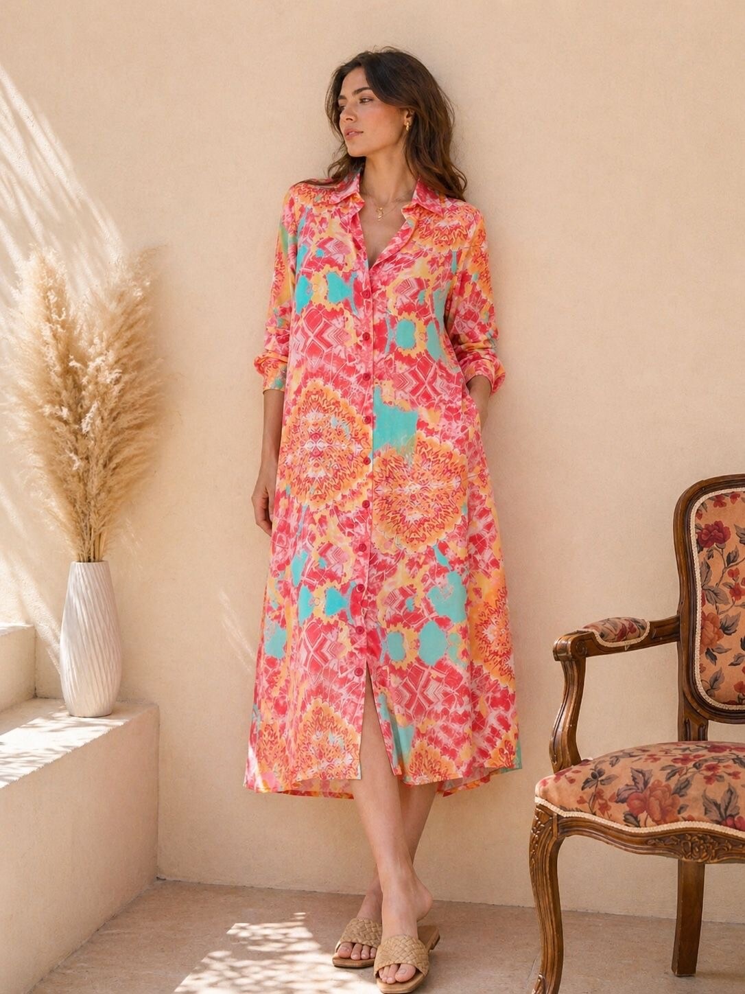 Wholesaler Orice - Long silk shirt dress with chic bohemian print