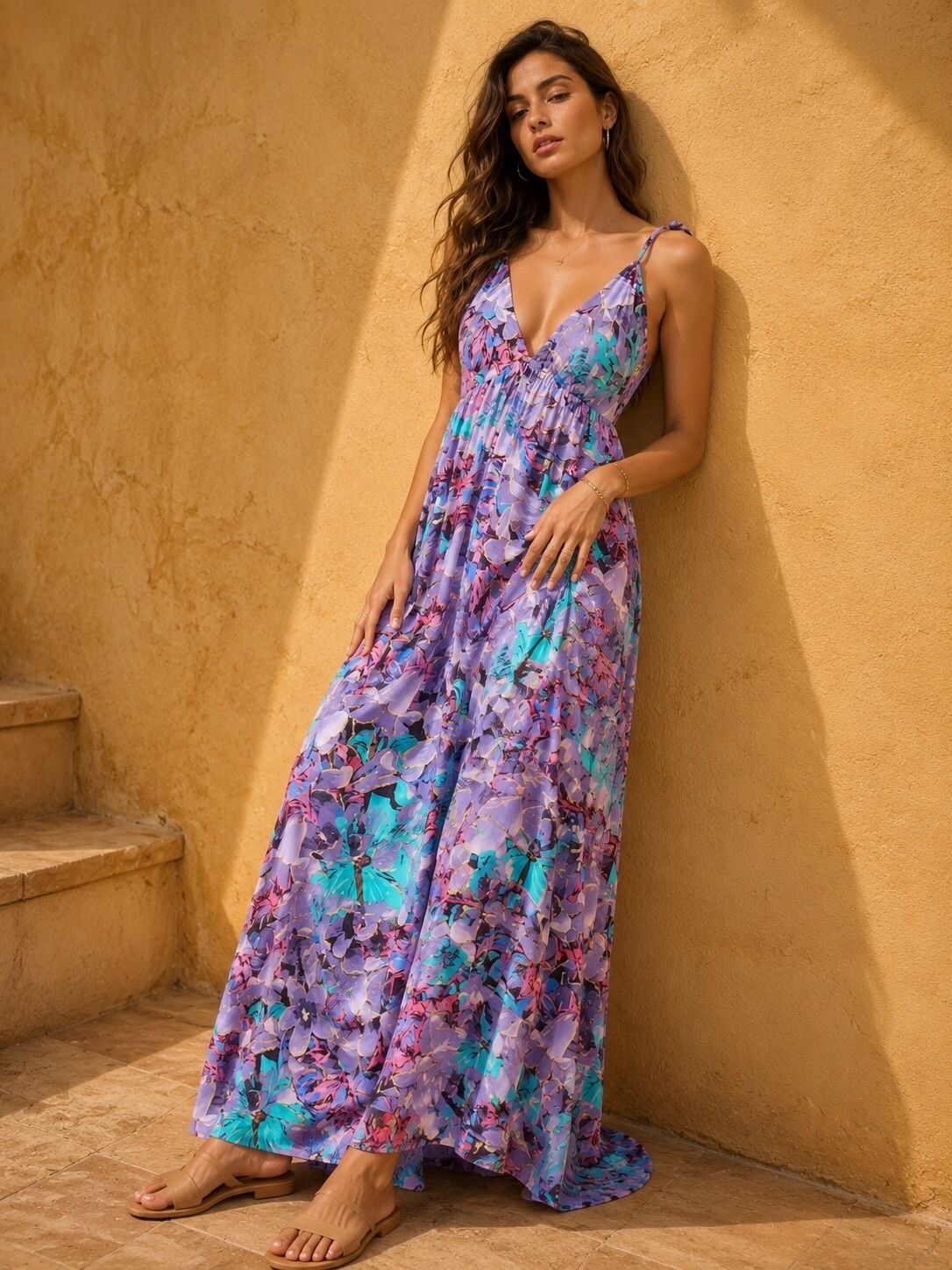 Grossista Orice - Abito lungo bohemien con schiena scoperta in seta fluida