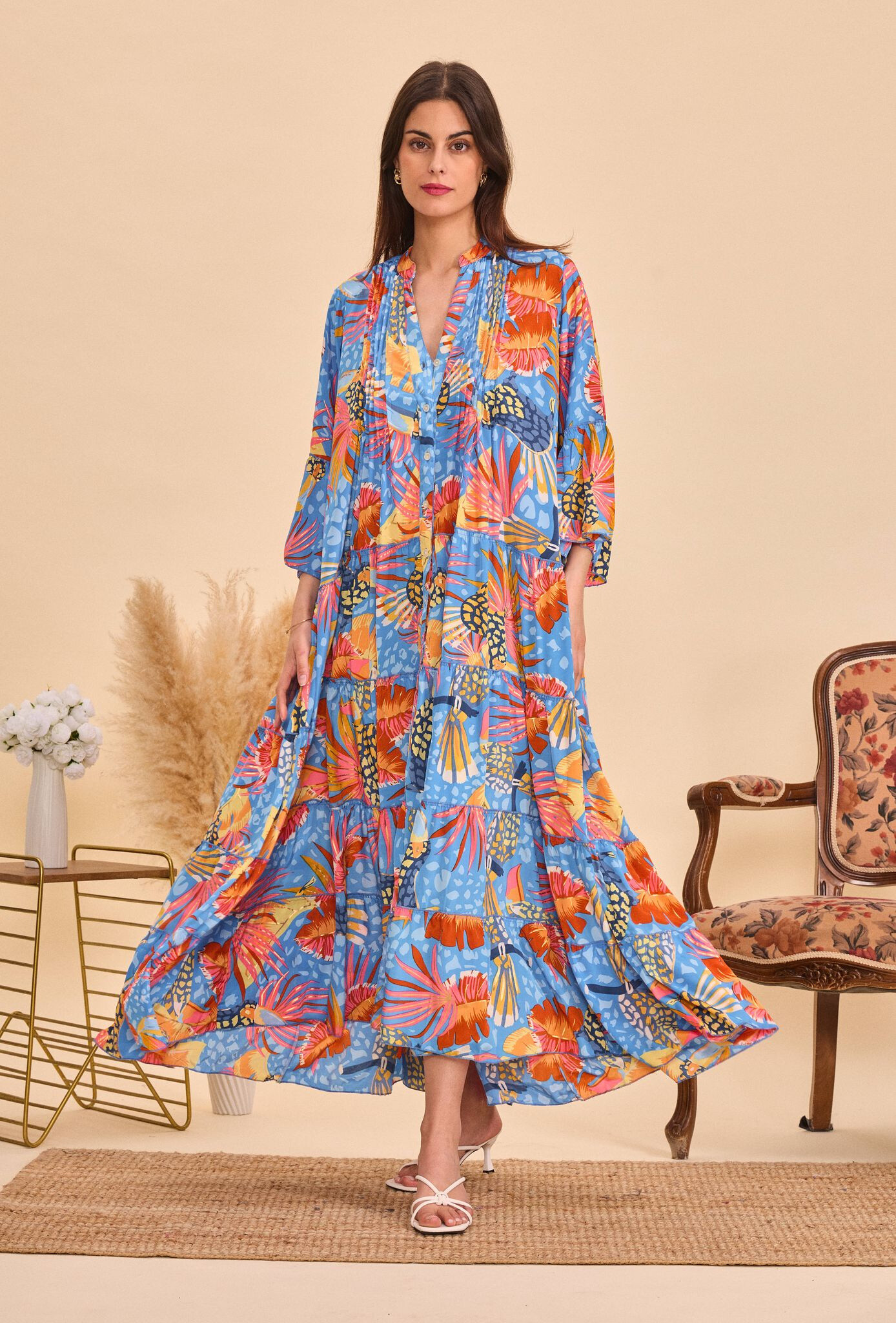 Grossiste Orice - Robe longue motifs tropicaux en soie