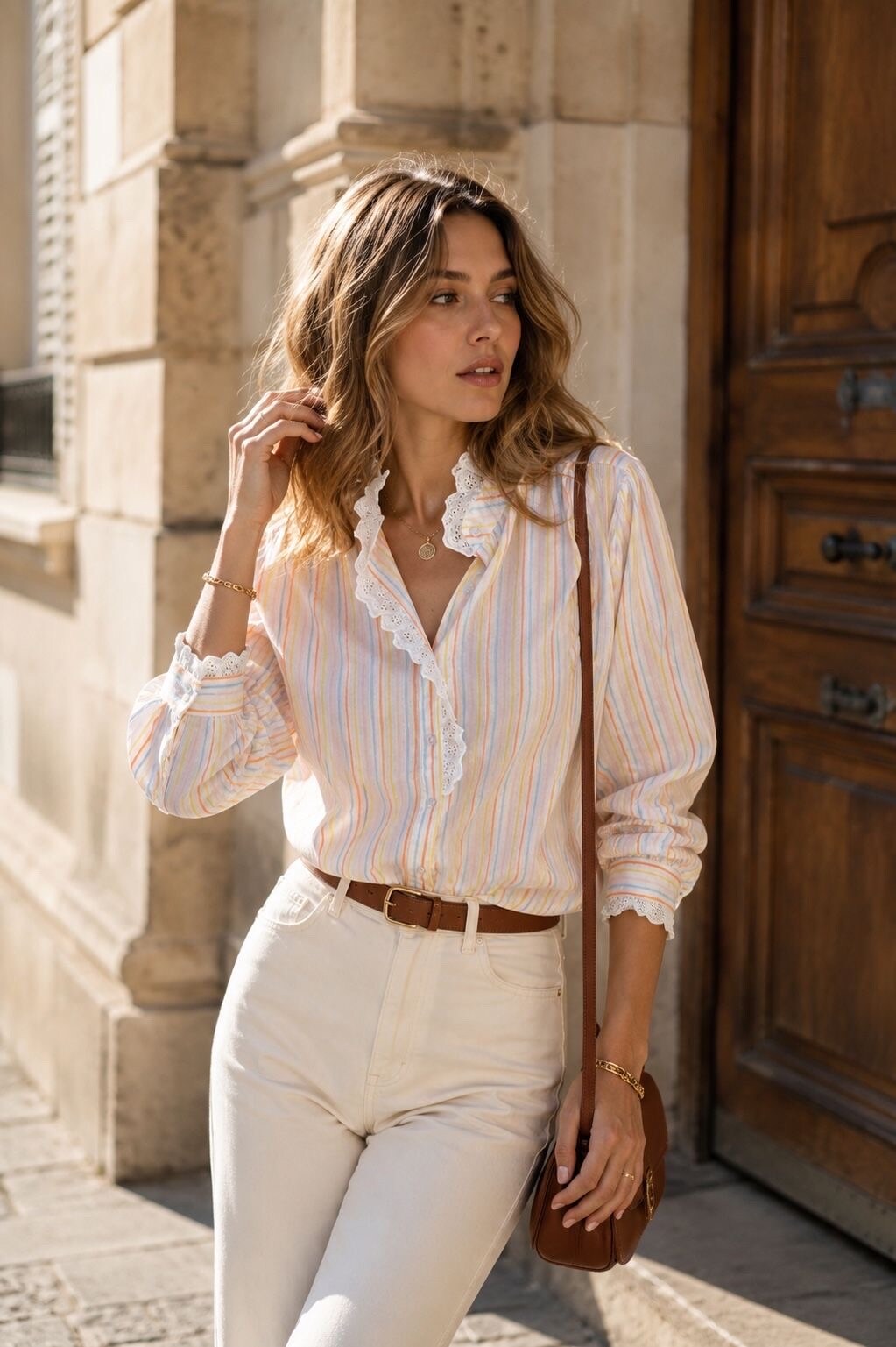 Mayorista Orice - Camisa de Rayas Pastel con Volantes de Encaje