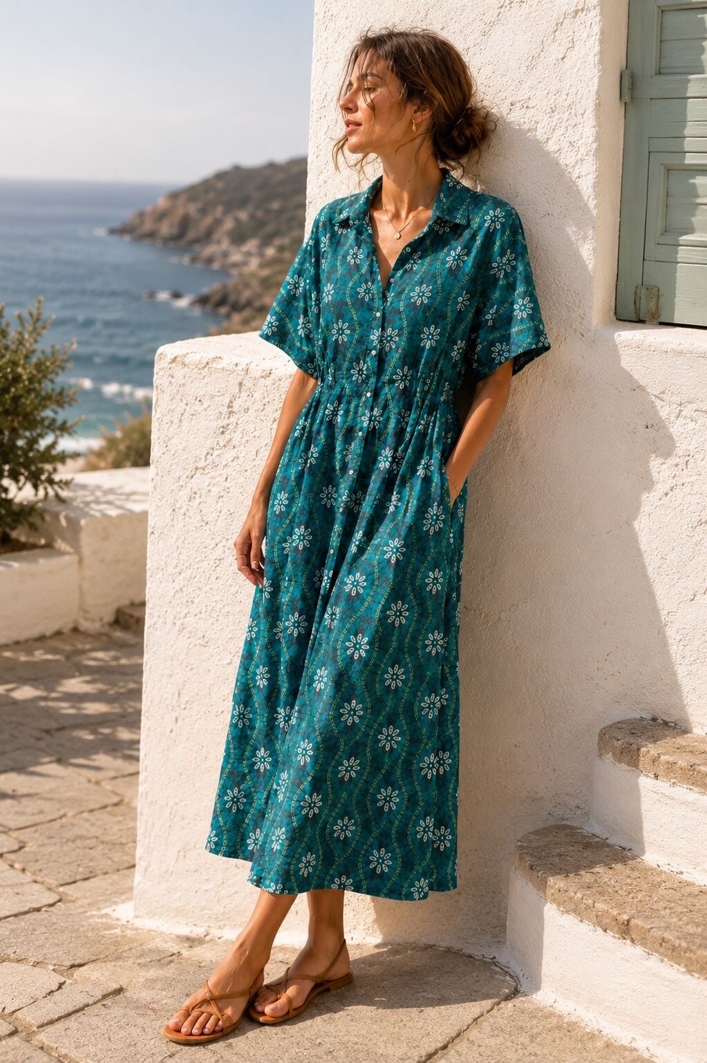 Grossiste Orice - Robe chemise longue en coton léger à imprimé bohème chic