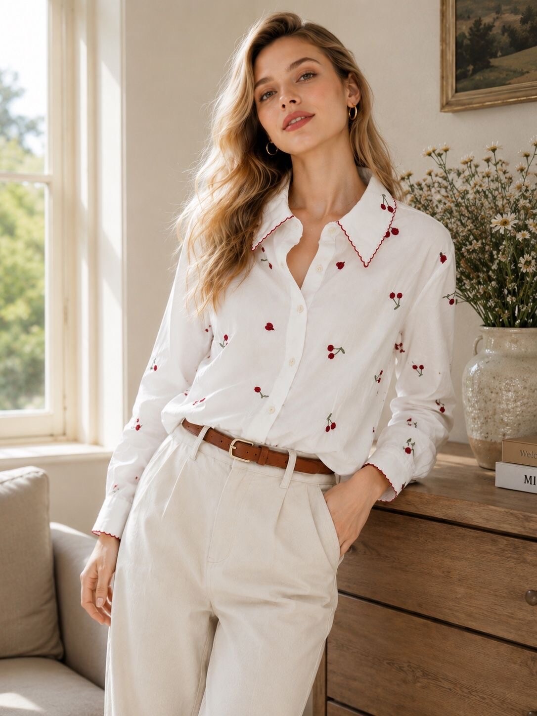 Wholesaler Orice - White 100% Cotton Shirt with Cherry Embroidery