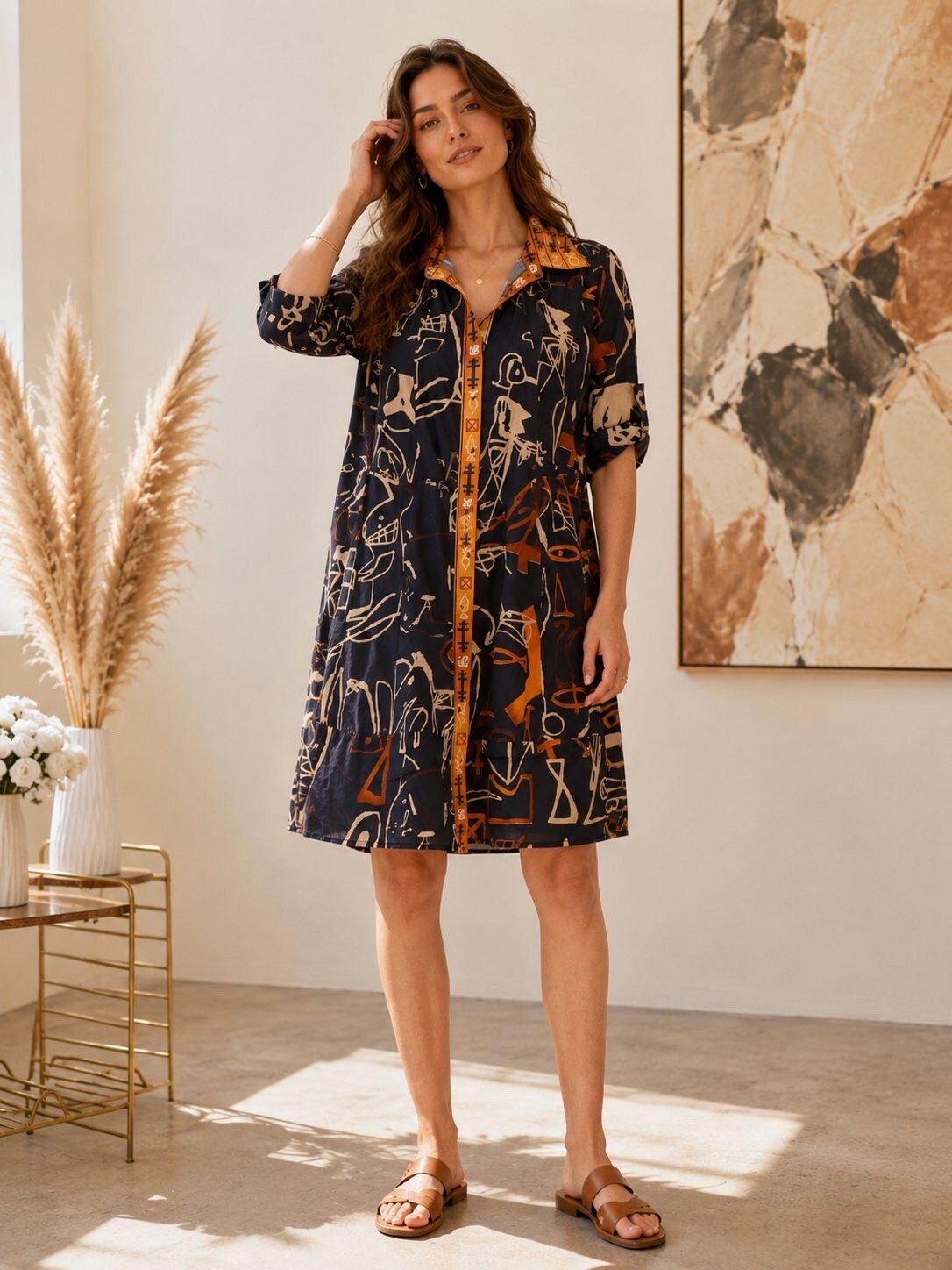 Großhändler Orice - Kurzes Baumwollkleid mit Boho-Print und 3/4-Ärmeln