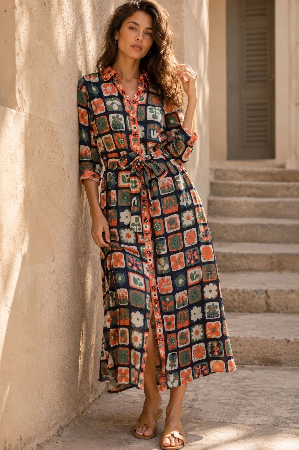 Mayorista Orice - Vestido camisero largo con cinturón de algodón