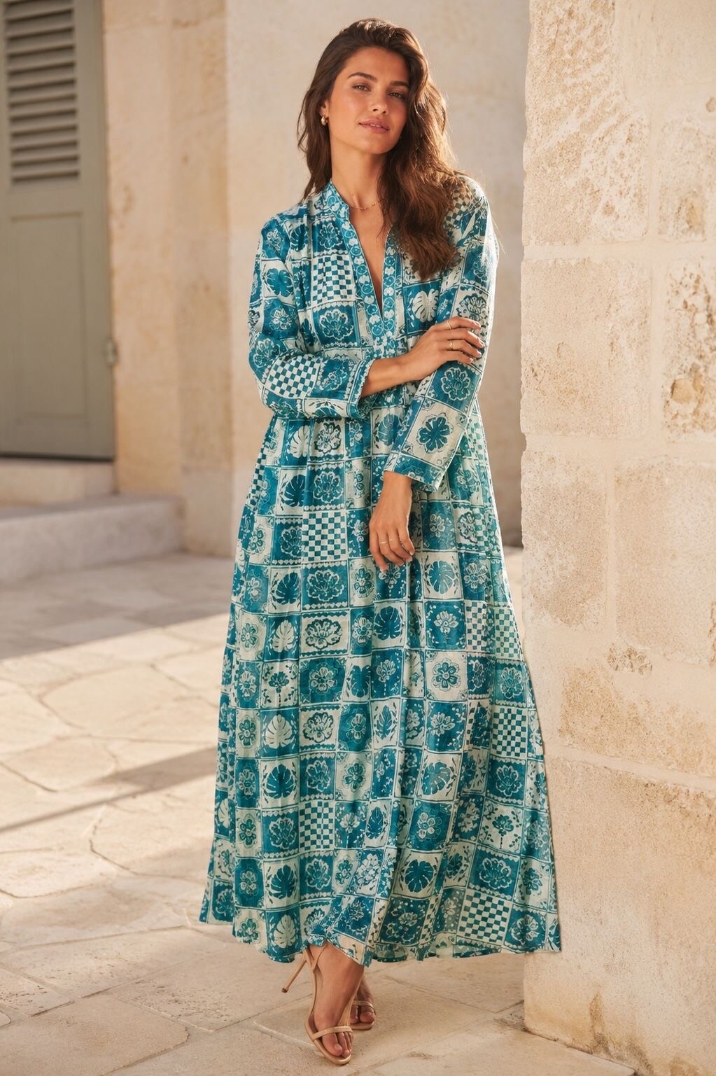 Mayorista Orice - Vestido largo de algodón con escote en V