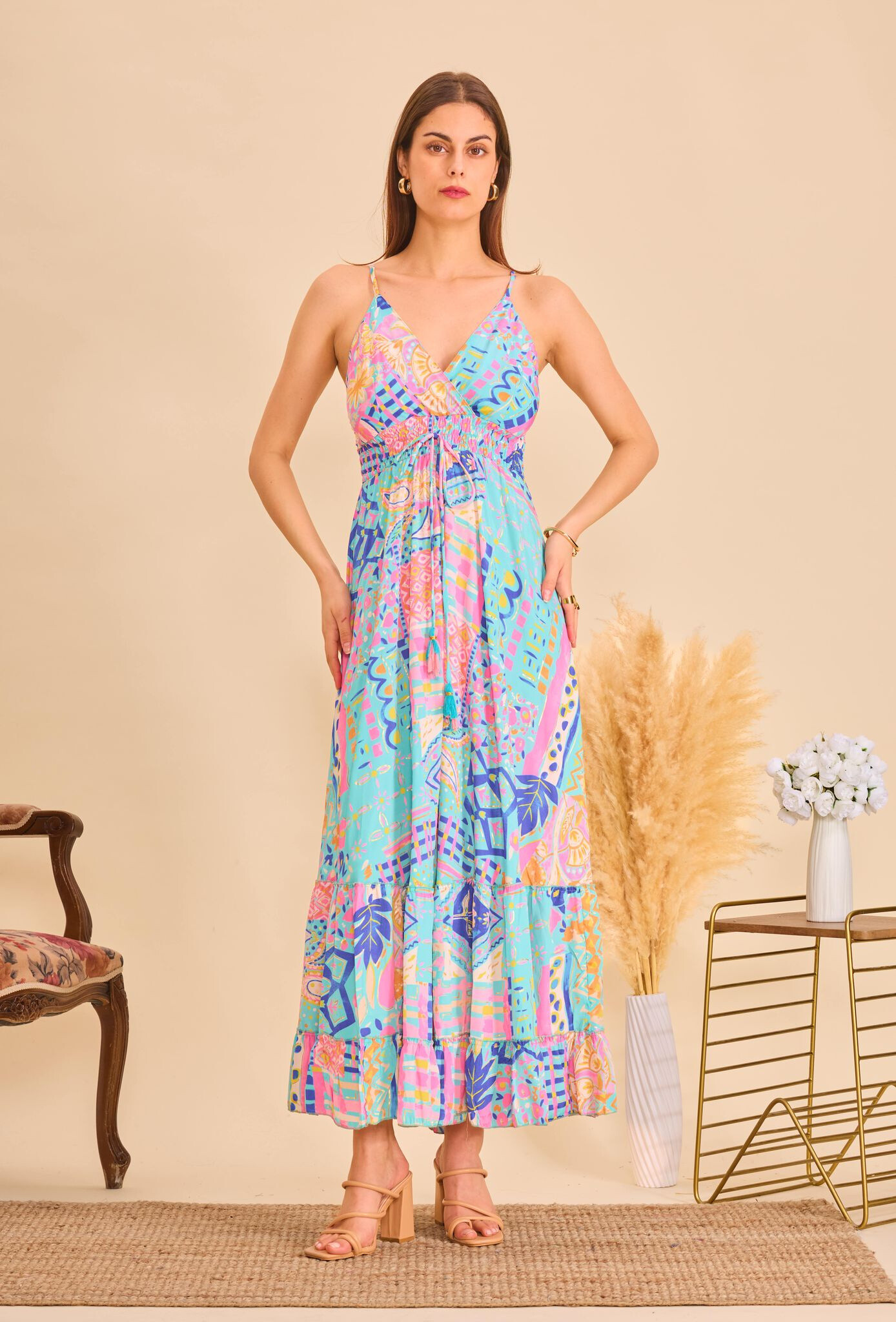 Grossiste Orice - Robe longue en soie smock imprimé indien
