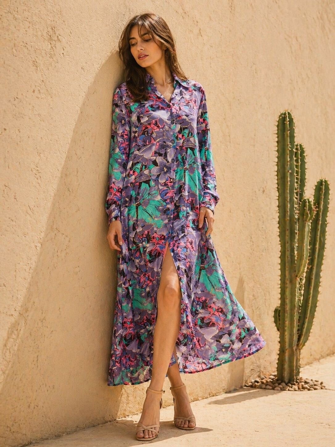 Wholesaler Orice - Long silk shirt dress with chic bohemian print