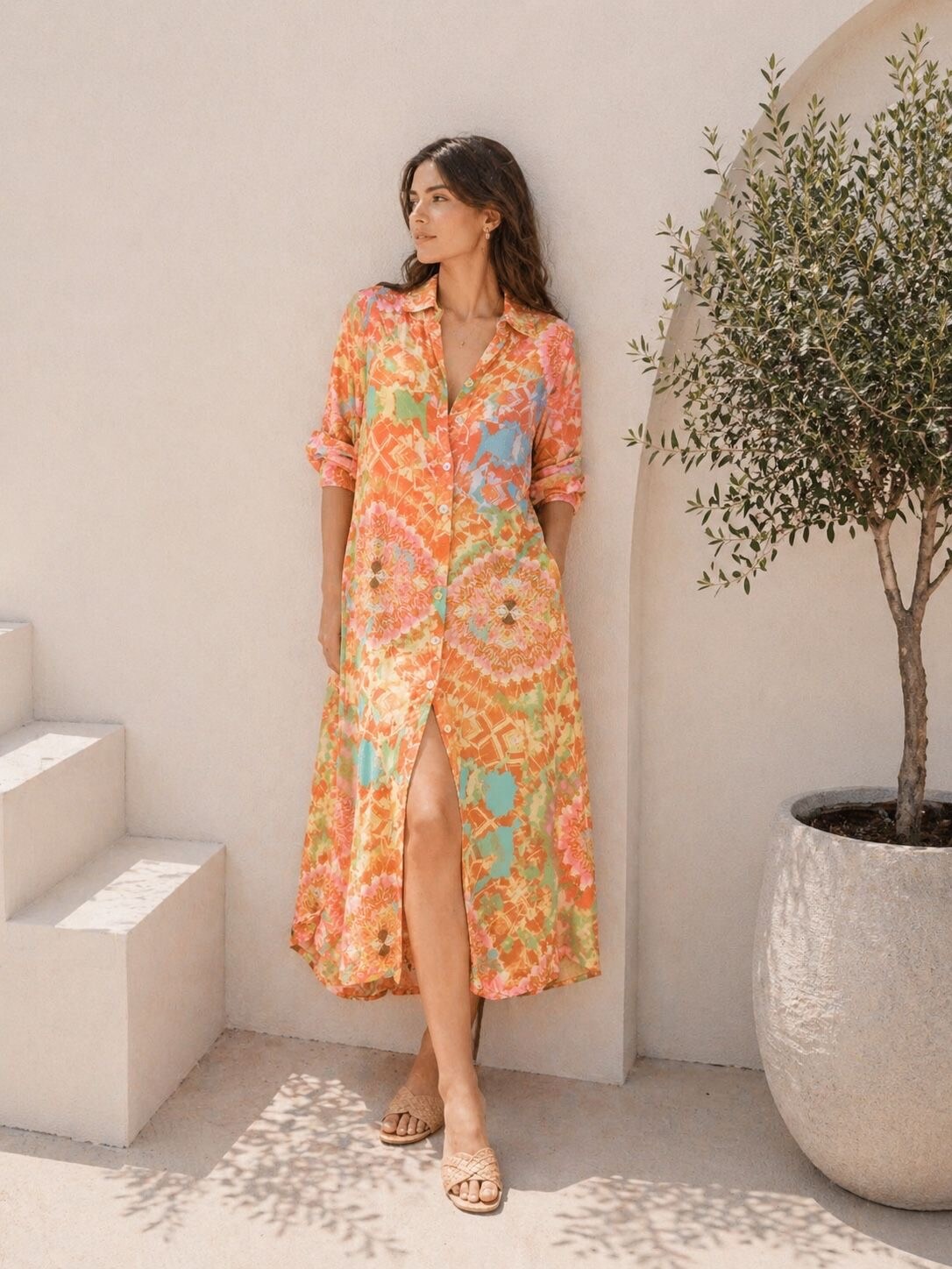 Wholesaler Orice - Long silk shirt dress with chic bohemian print