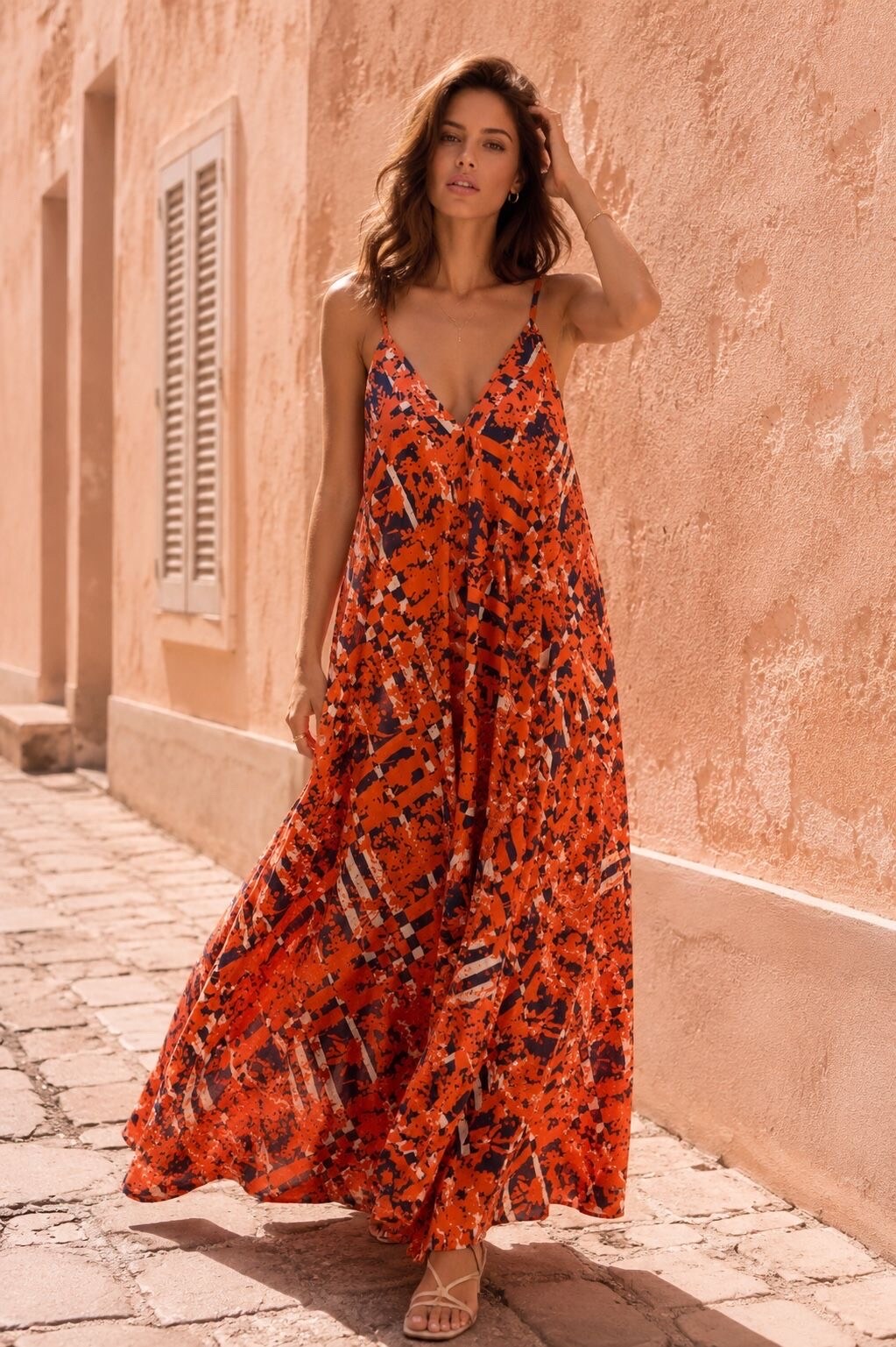 Mayorista Orice - Vestido largo de línea A fluido con tirantes ajustables y estampado bohemio