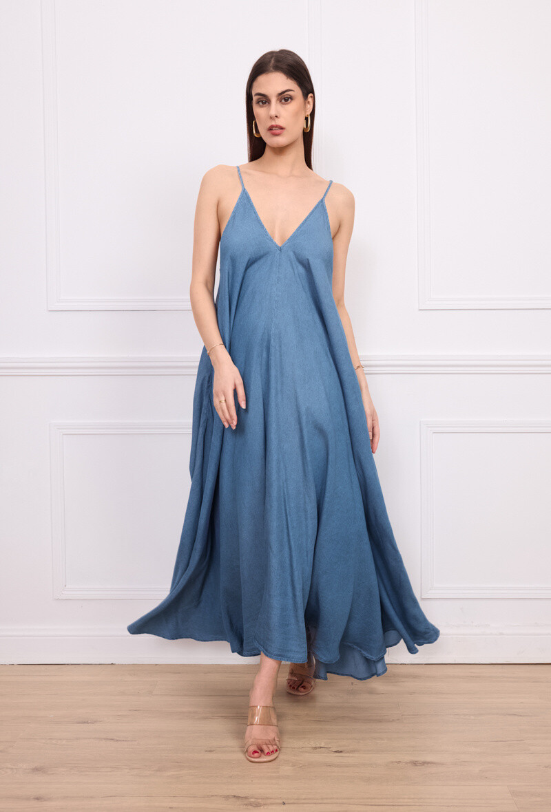 Grossista Orice - Abito da trapezio blu lungo jeans