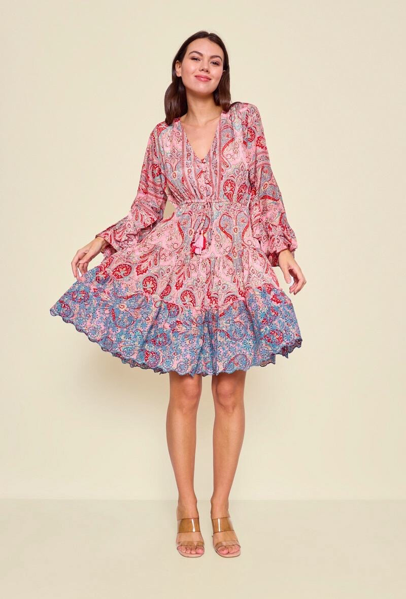 Großhändler Orice - Kurzes böhmisches Seidenkleid mit Paisleymuster
