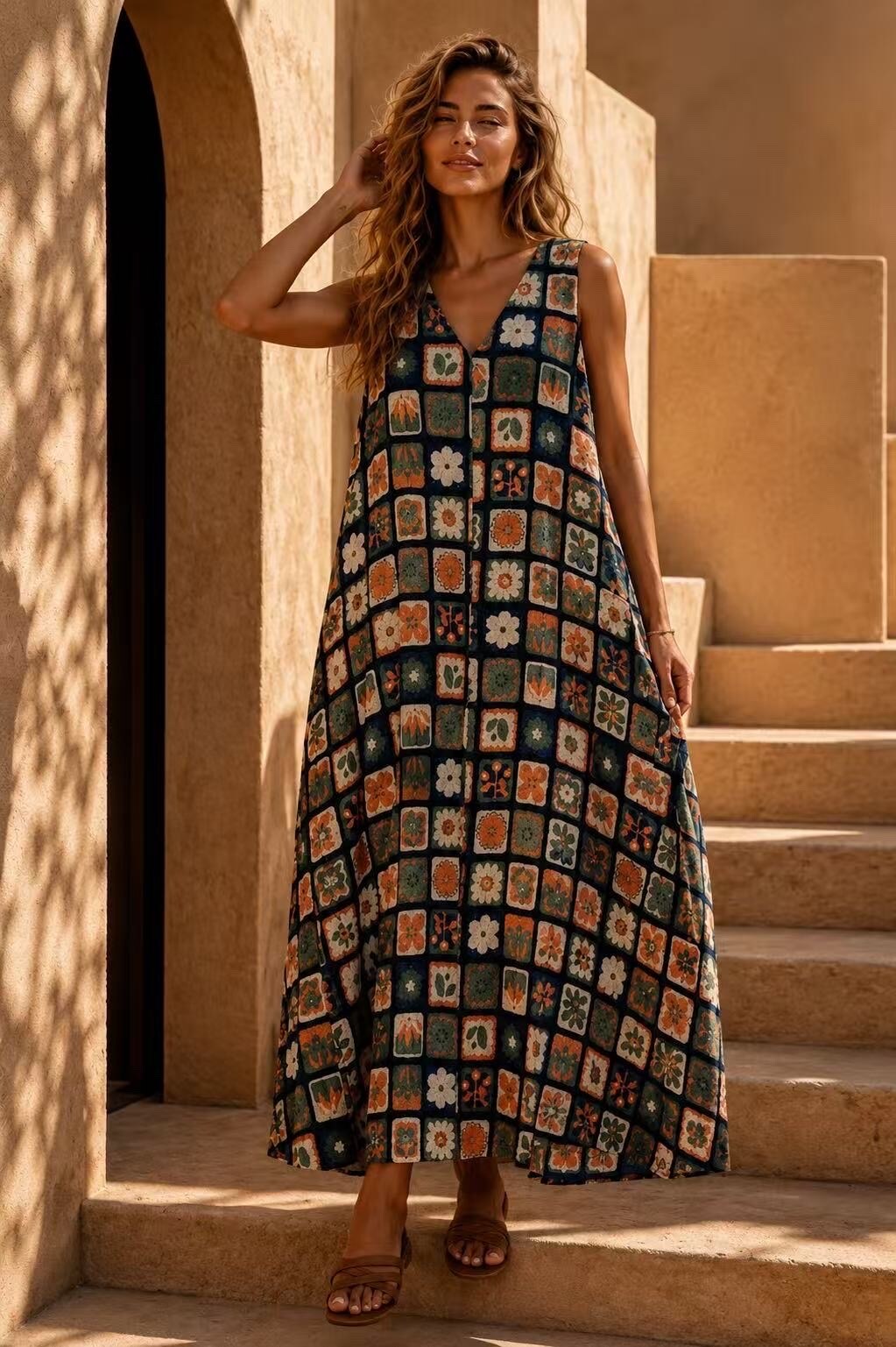 Grossiste Orice - Robe longue bohème sans manches en coton