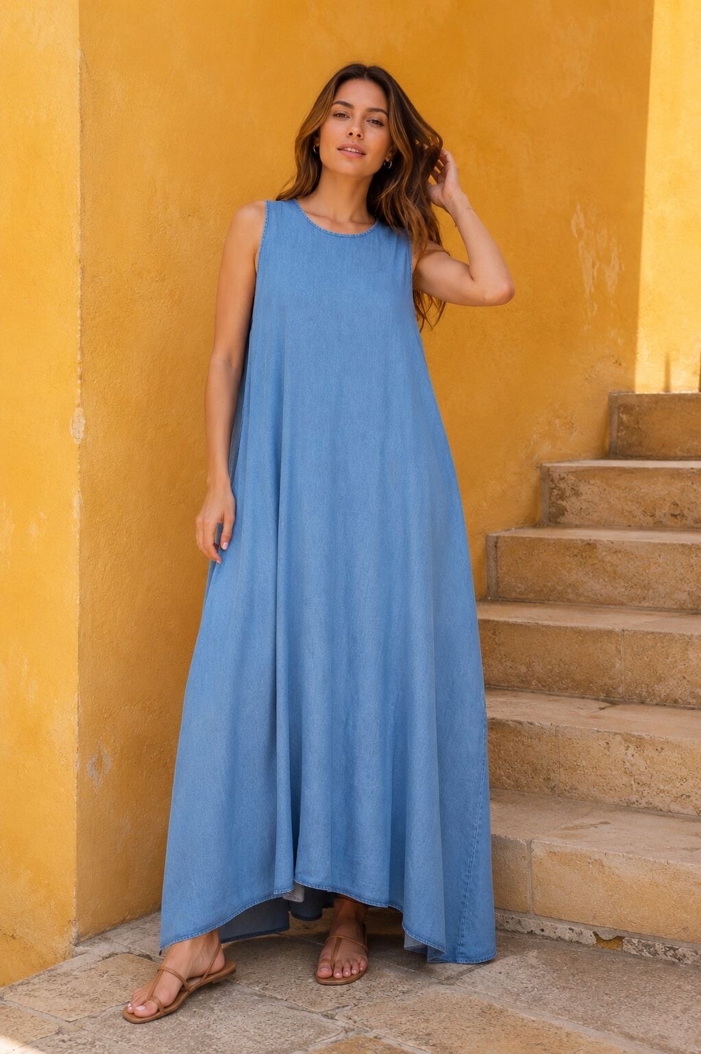 Wholesaler Orice - Long straight denim blue dress in Tencel