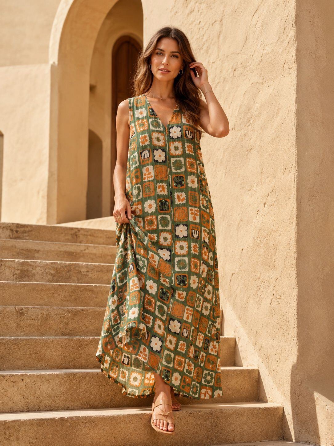 Großhändler Orice - Ärmelloses Boho-Maxikleid aus Baumwolle