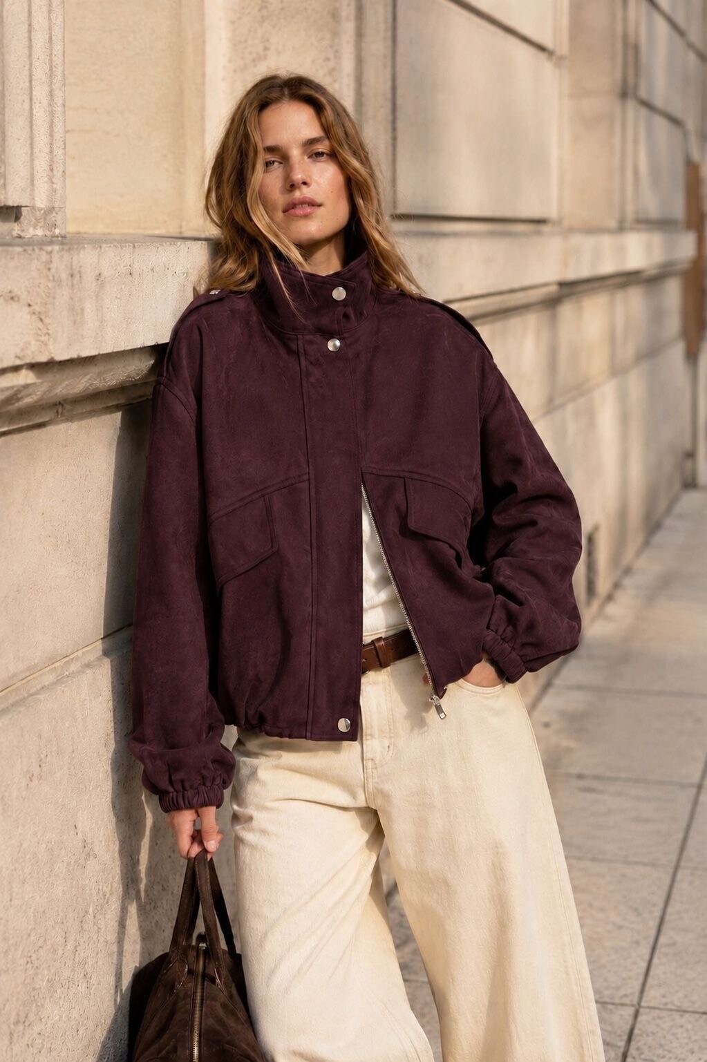 Grossiste Orice - Veste bomber en suédine à col montant et patte d'épaule