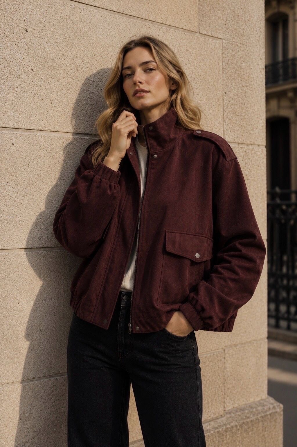 Grossiste Orice - Veste bomber en suédine à col montant et patte d'épaule