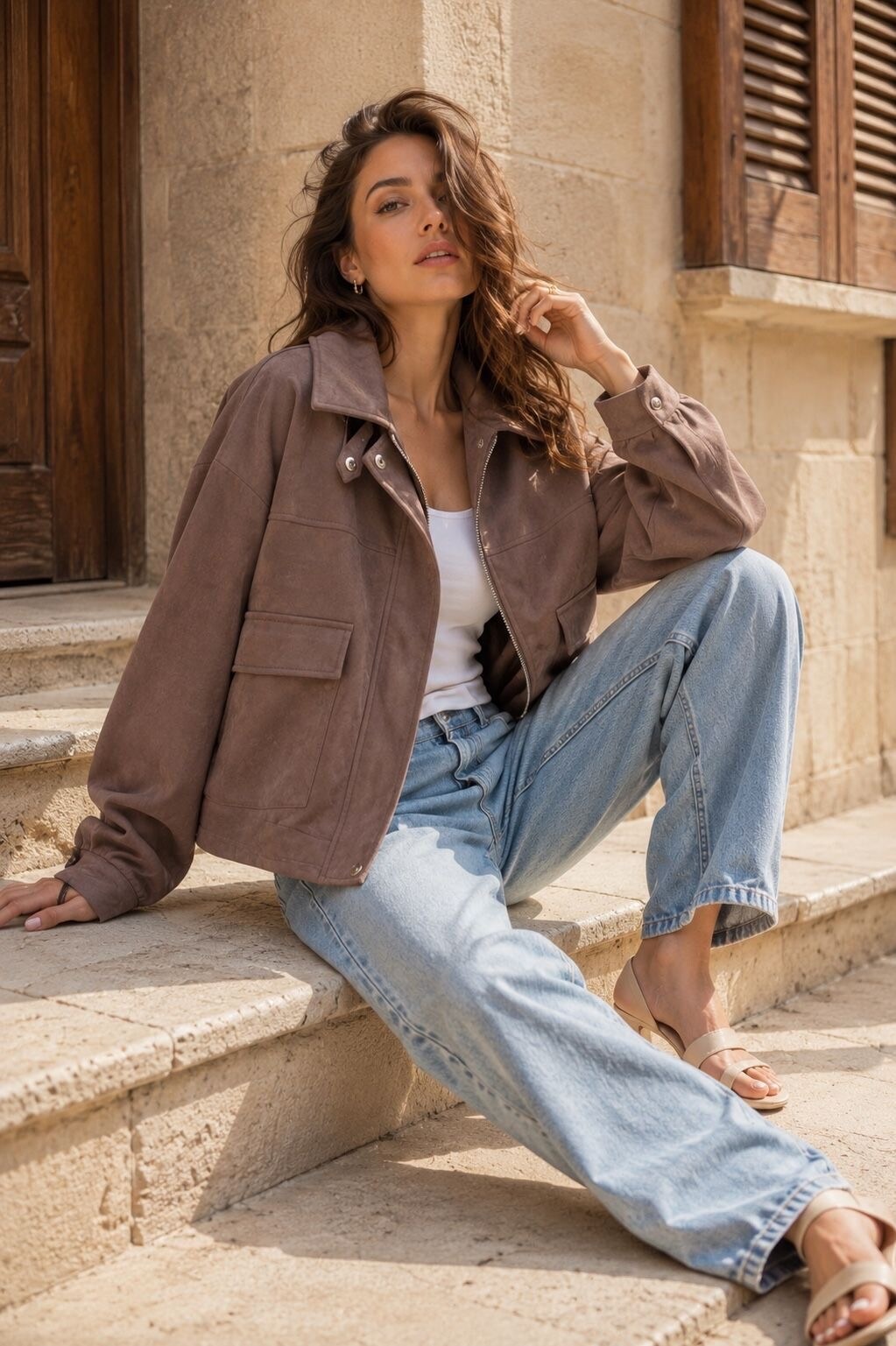 Grossiste Orice - Veste zippée en suédine avec poches à rabat