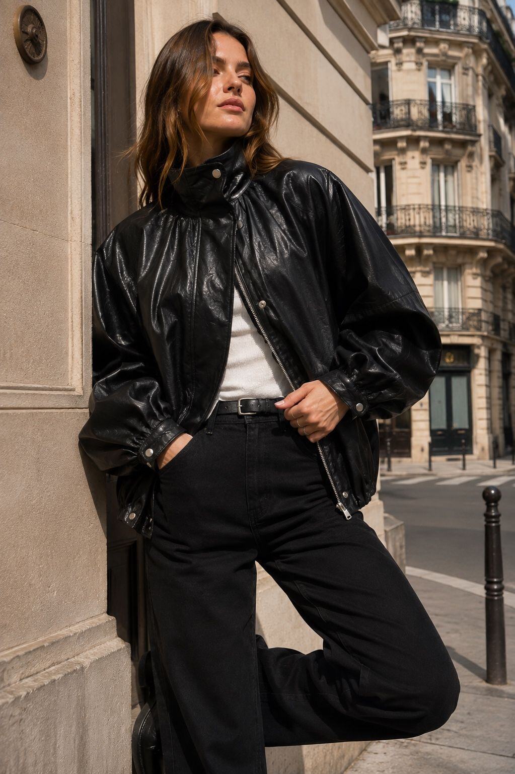 Grossista Orice - Giacca corta oversize in similpelle con collo alto e maniche a sbuffo