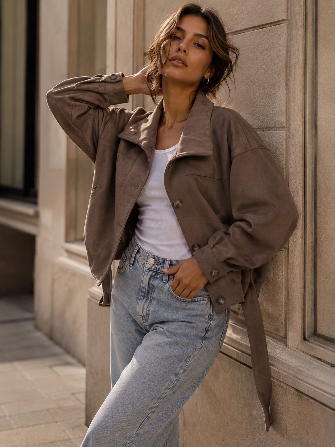 Grossiste Orice - Veste courte en suédine avec ceinture à la base