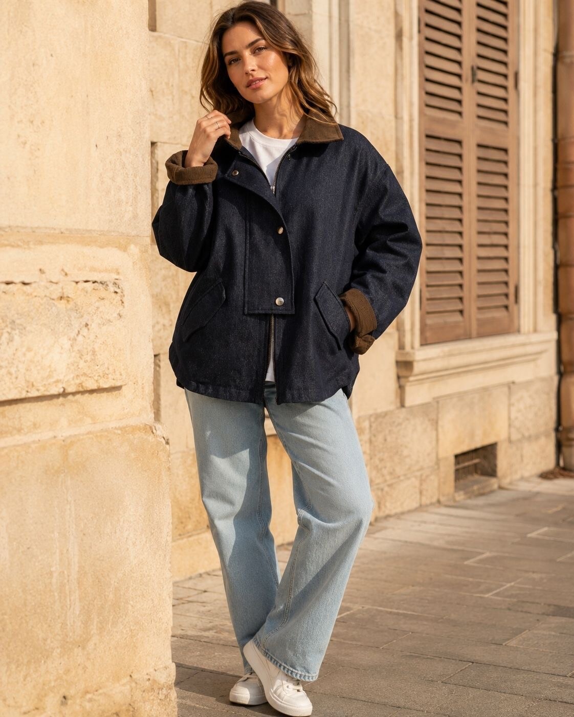 Grossiste Orice - Veste courte réversible en denim et velours côtelé
