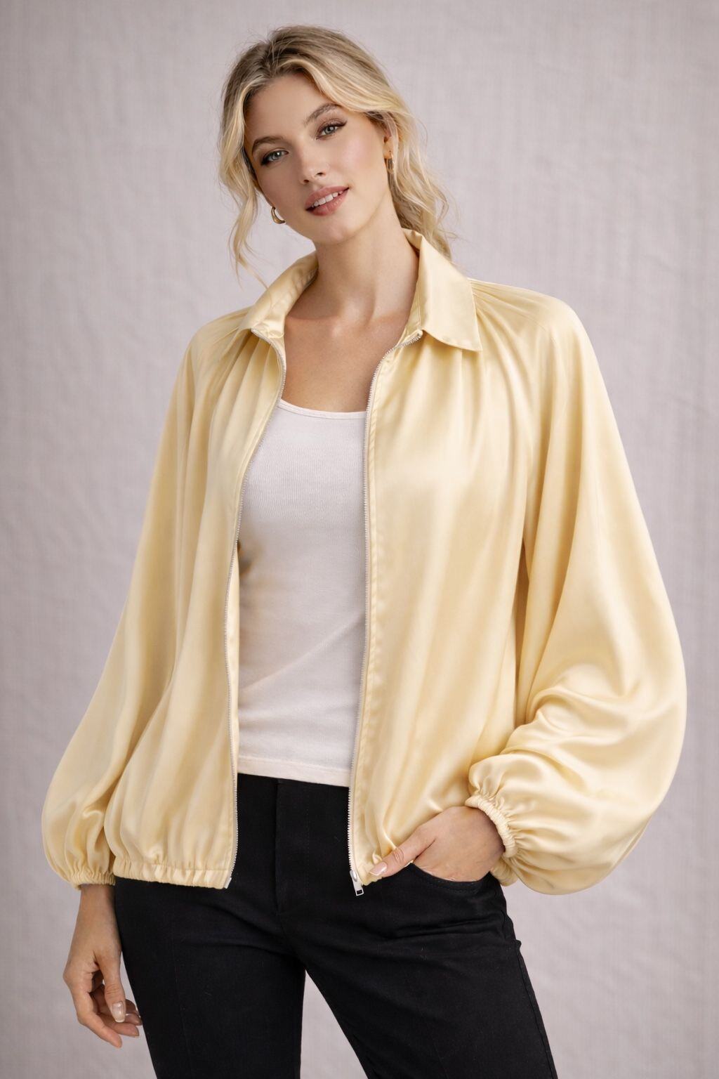 Wholesaler Orice - Yellow satin bomber-style jacket