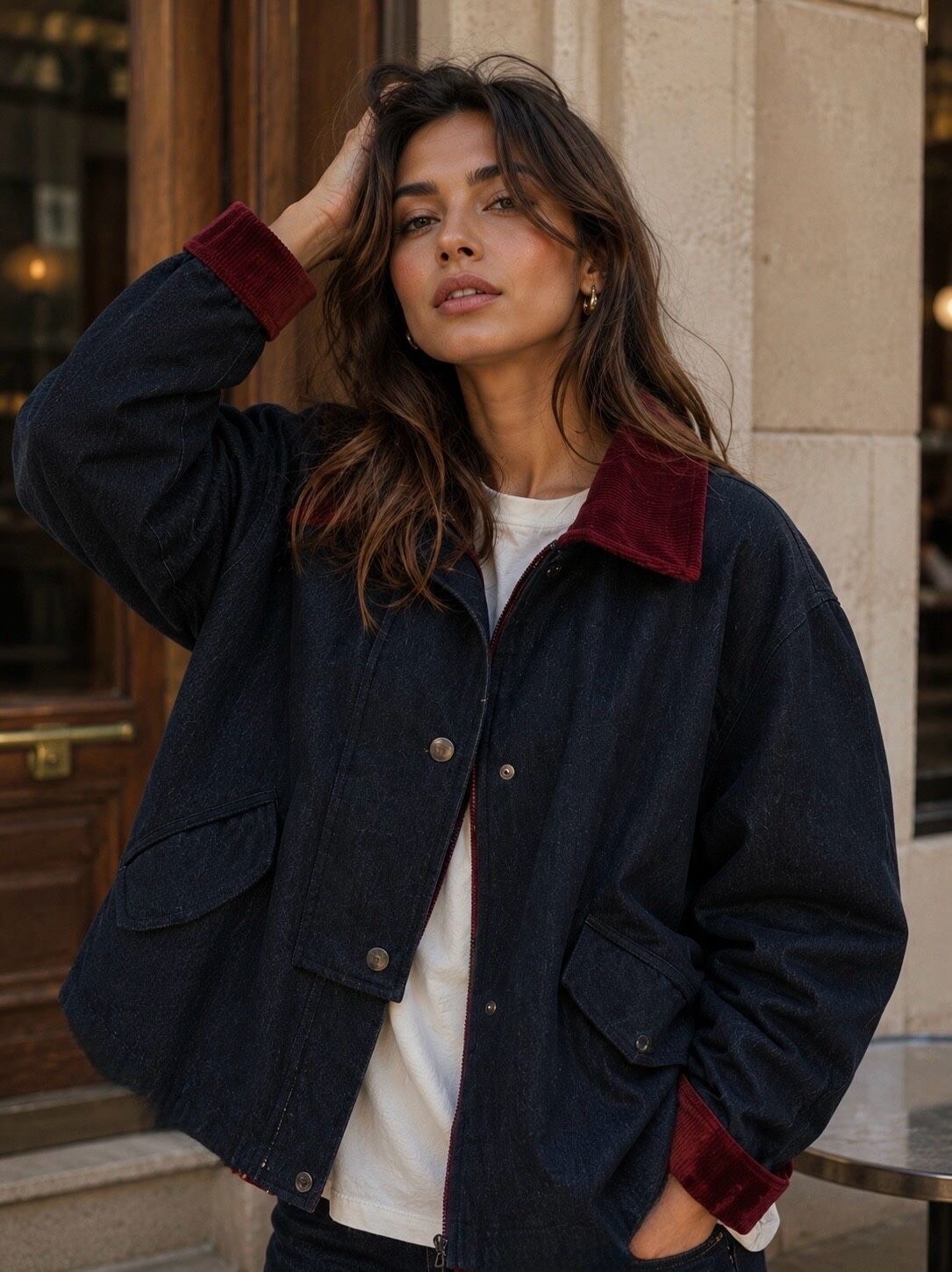 Grossiste Orice - Veste courte réversible en denim et velours côtelé