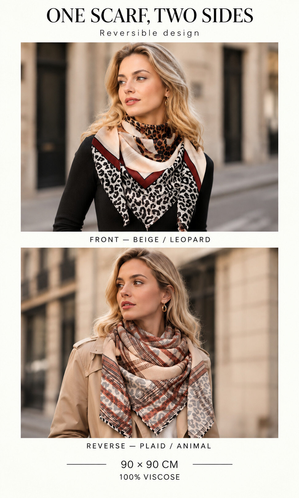 Mayorista ORIENT&CO - Bufanda con estampado de leopardo reversible de doble cara 90*90