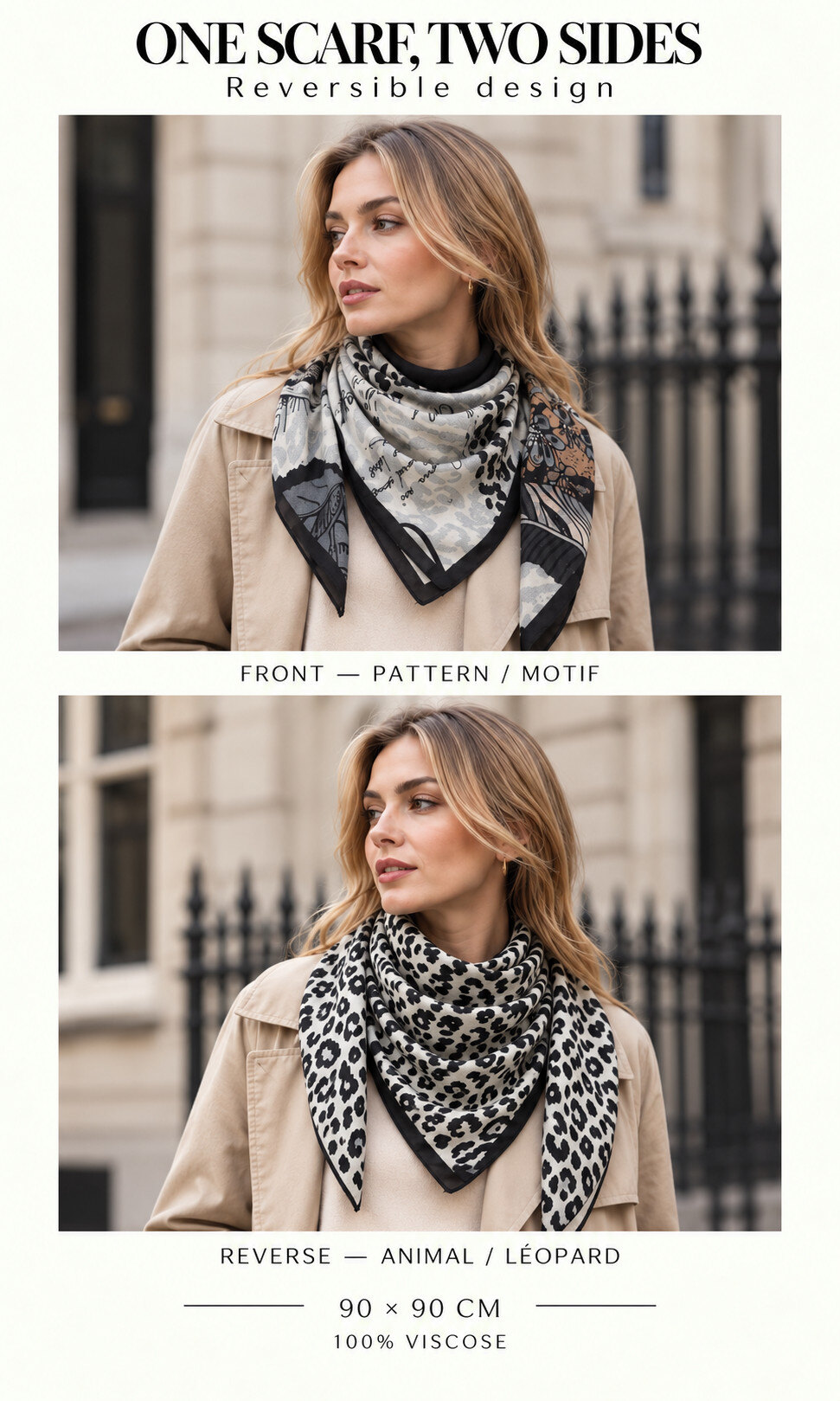 Mayorista ORIENT&CO - Bufanda con estampado de leopardo reversible de doble cara 90*90