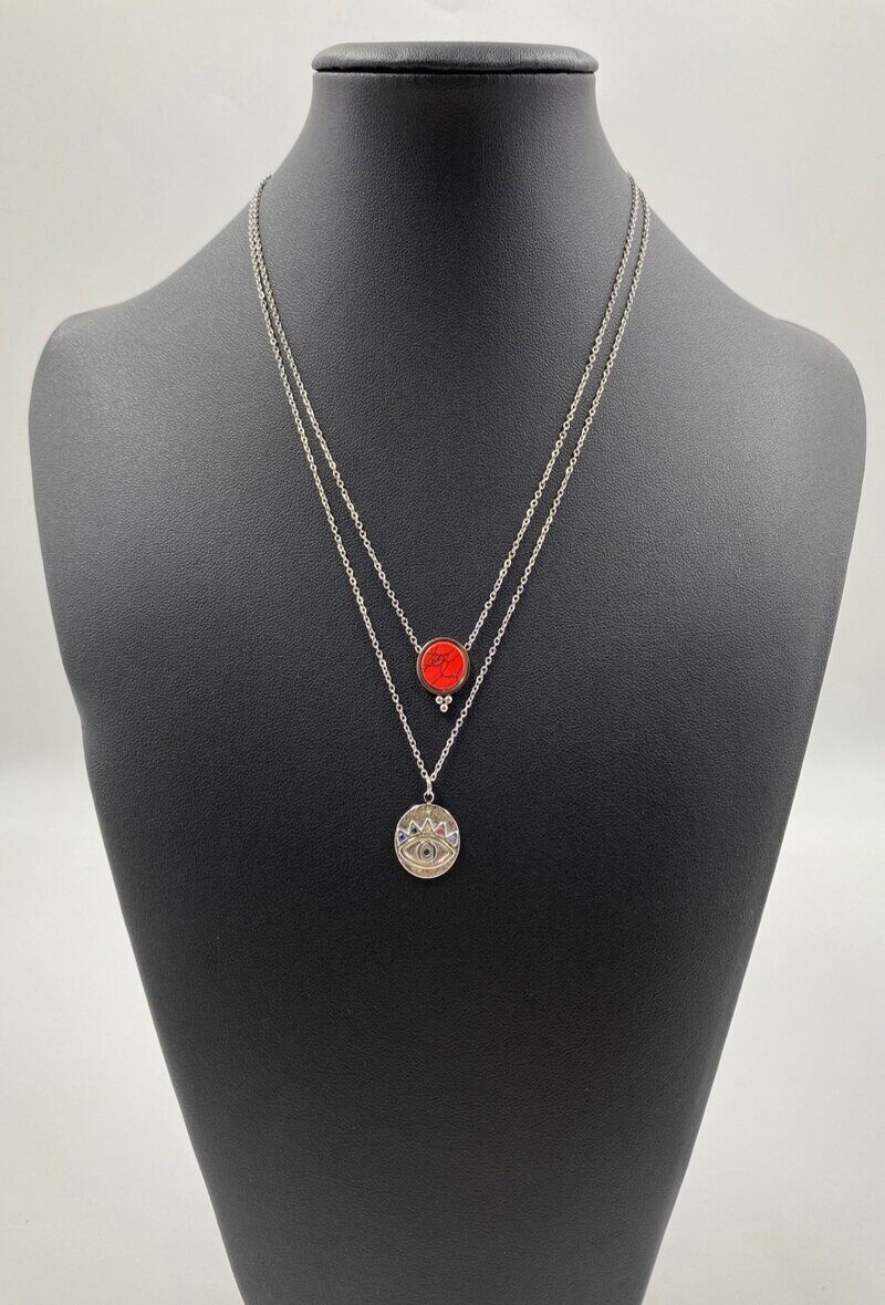 Grossiste ORIENT EXPRESS FIRST - Collier en acier inoxydable double symbol oeil sertis de cristaux