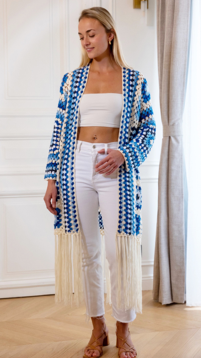 Wholesaler Orlinn - Long handmade crochet cardigan with fringes