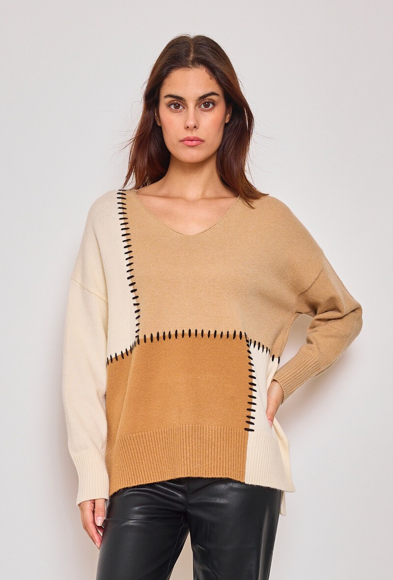 Wholesaler Orlinn - Color block knit sweater with hand stitching