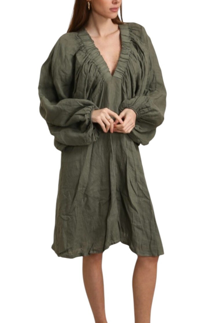 Grossiste Ornella Paris - Robe en lin à manches larges et col en V