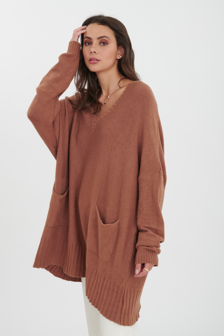 Wholesaler Ornella Paris - Plain V-neck sweater tunic