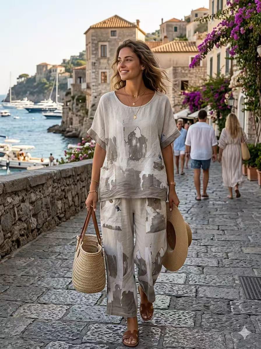 Wholesaler OZ - PRINTED LINEN TROUSERS WITH TWO FRONT POCKETS