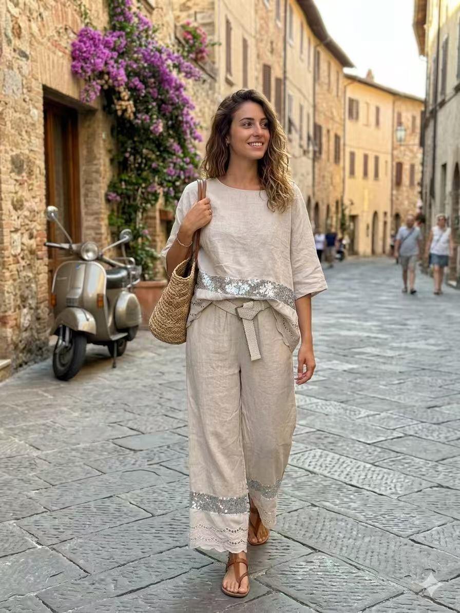 Wholesaler OZ - LINEN TROUSERS WITH EMBROIDERY