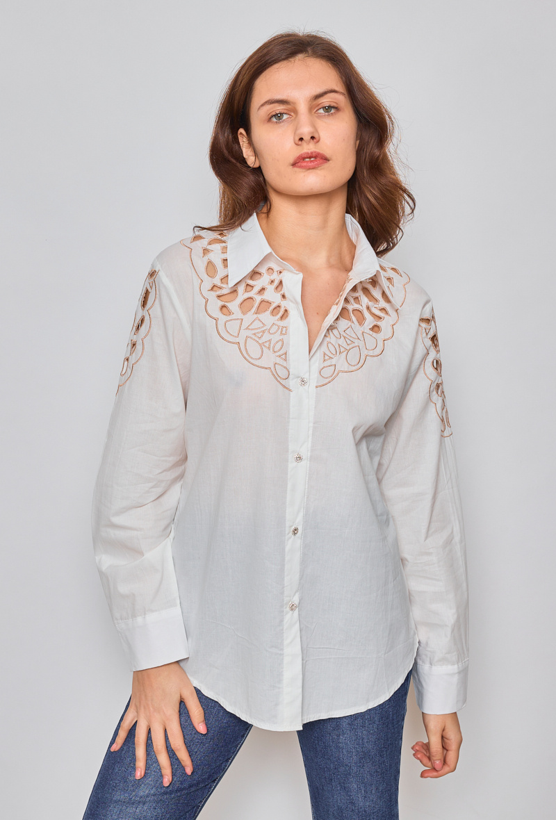Wholesaler Paris et Moi - White shirt with English embroidery and sequin buttons