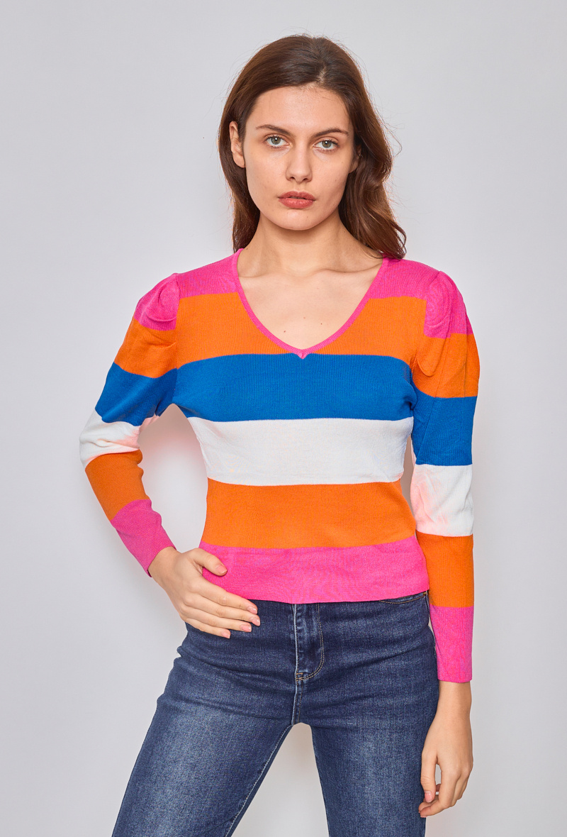 Grossiste Paris et Moi - Top col V à rayures multicolores
