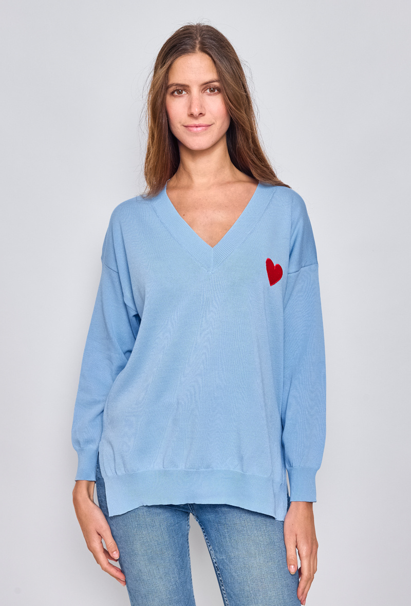 Grossiste Paris et Moi - Pull col V à cœur rouge brodé