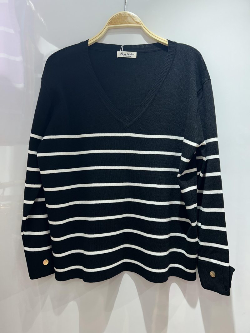 Grossiste Paris et Moi - Pull marinière col V à boutons