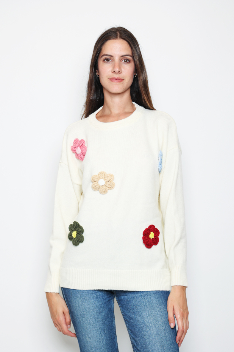 Grossiste Paris et Moi - Pullover col rond à broderies 3D marguerites.