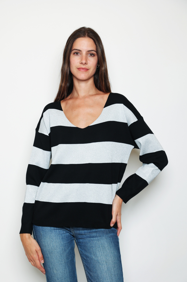 Grossiste Paris et Moi - Pullover col V fendu, à rayures en lurex.