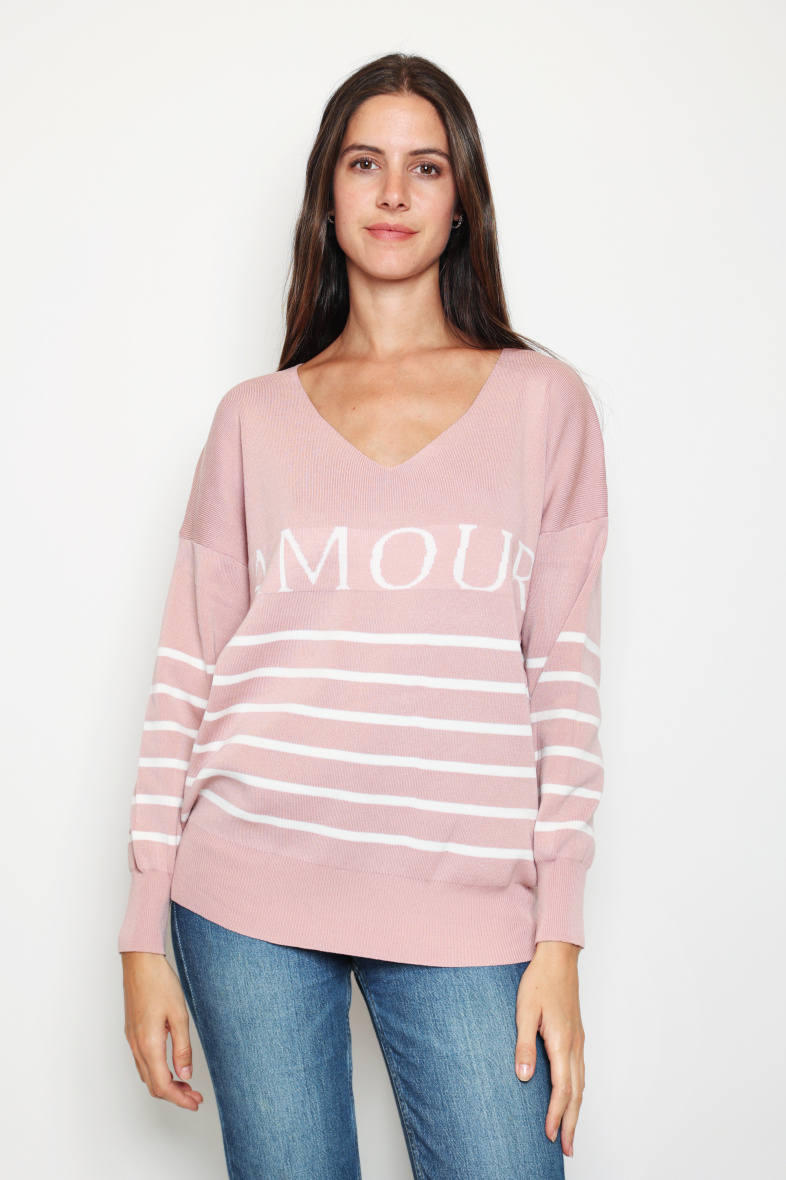 Grossiste Paris et Moi - Pullover col V rayé "AMOUR".
